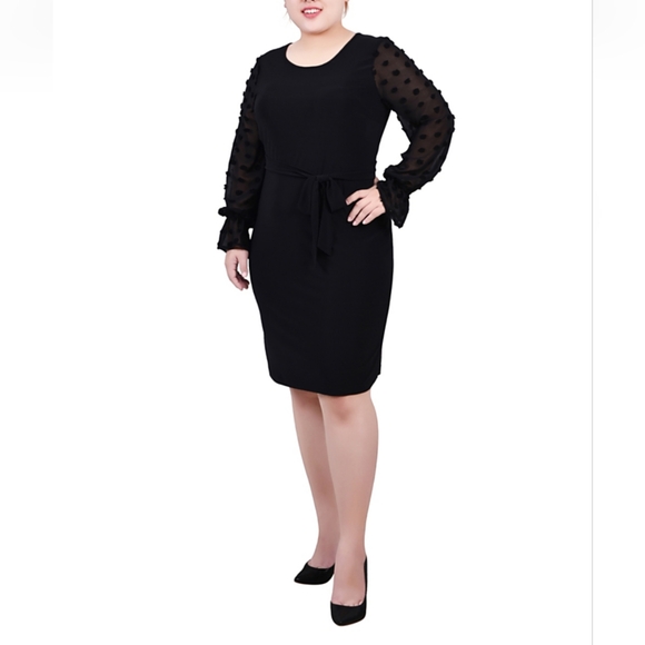 NY Collection Plus Size Long Chiffon-Sleeve Knit Dress in Black - Picture 9 of 9
